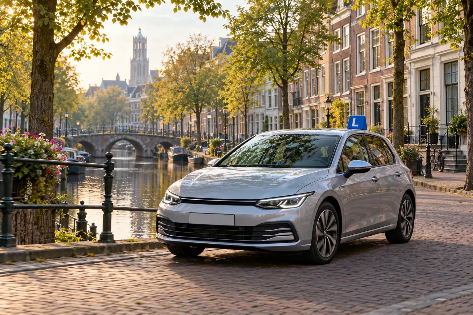 Illustratief beeld van een lesauto langs een Nederlandse gracht