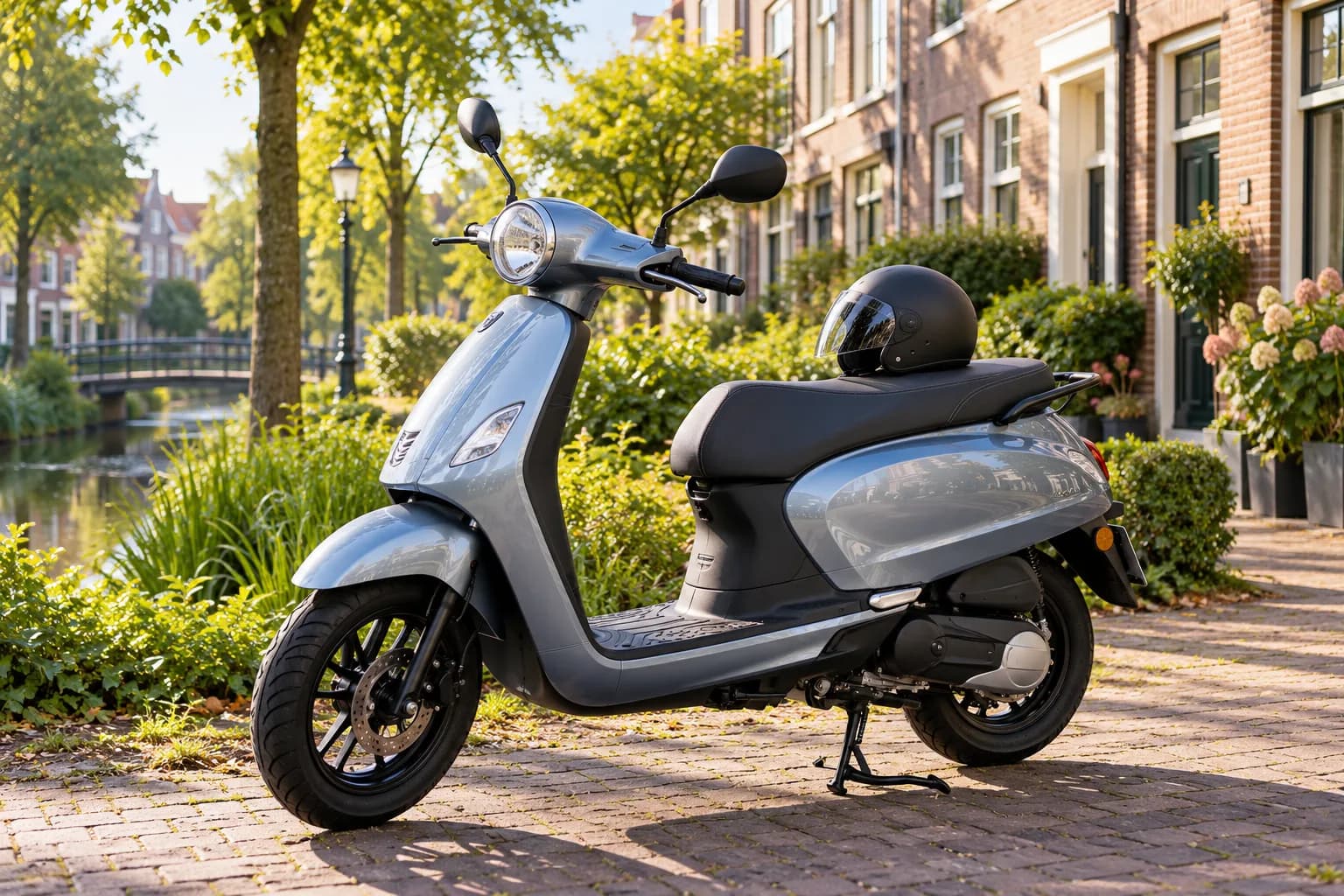 Illustratief beeld van een scooter langs een Nederlandse gracht