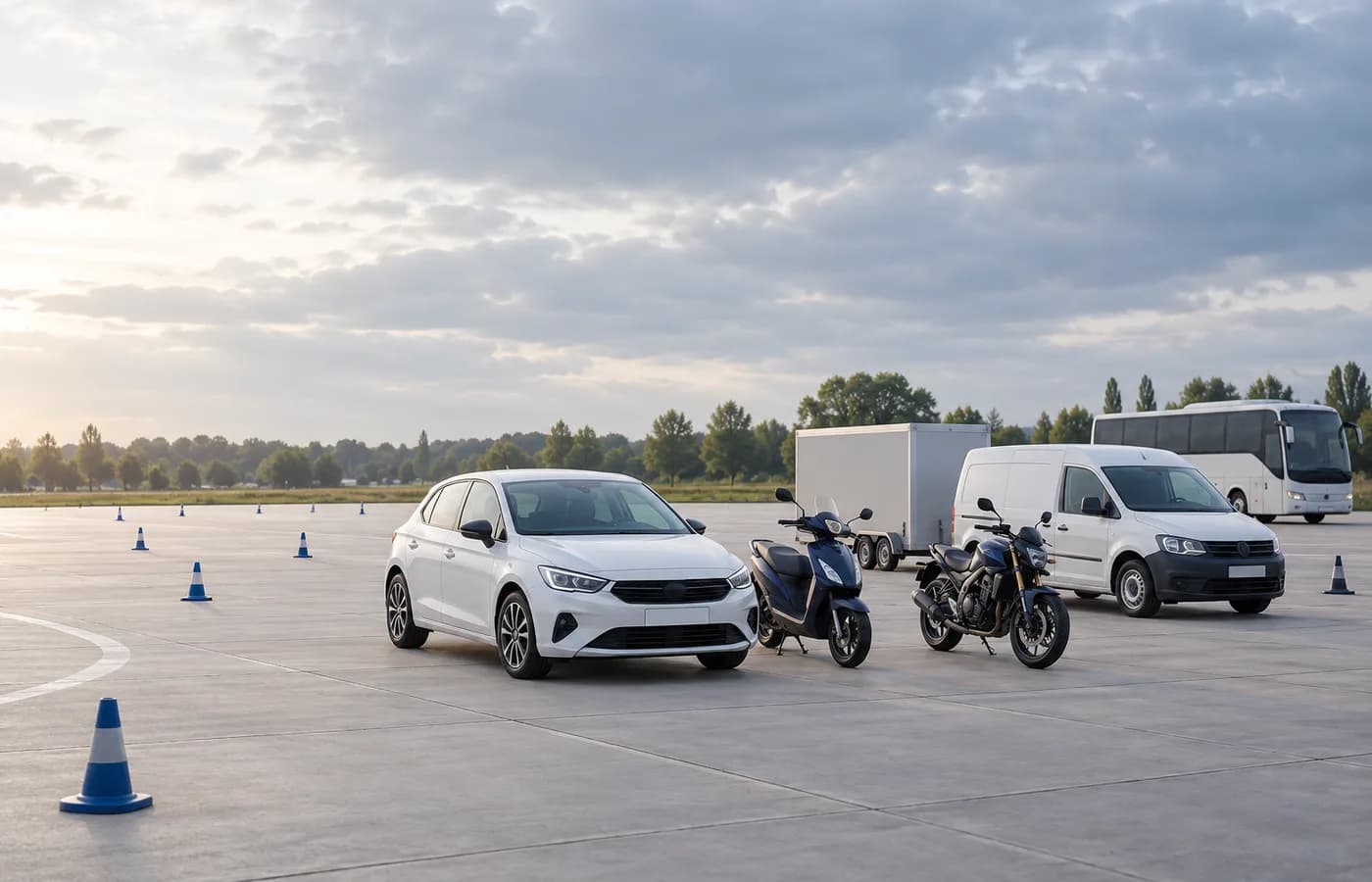 Verschillende voertuigen op een rustig oefenterrein voor rijopleidingen